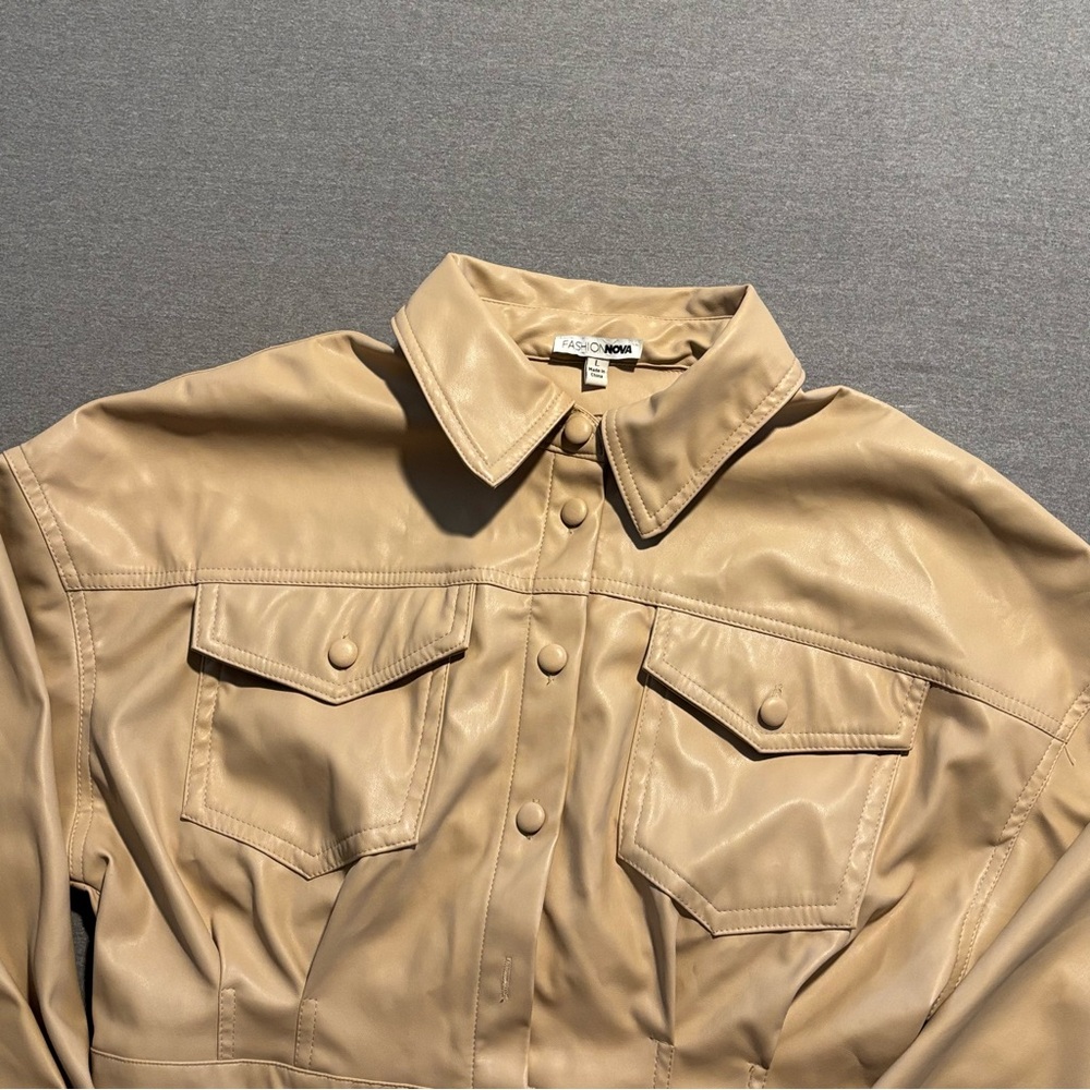 Fashion Nova Tan Boxy Cropped Button Down Shirt - Picture 6 of 15